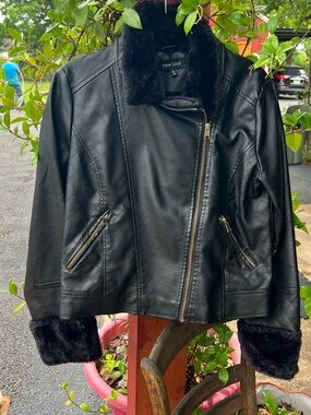 New Look Black Faux Leather Moto Jacket with Faux Fur Collar and Cuffs
